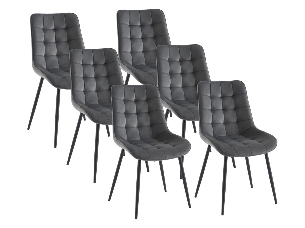 Lot de 6 chaises matelassées - Velours et métal noir - Gris - OLLUA