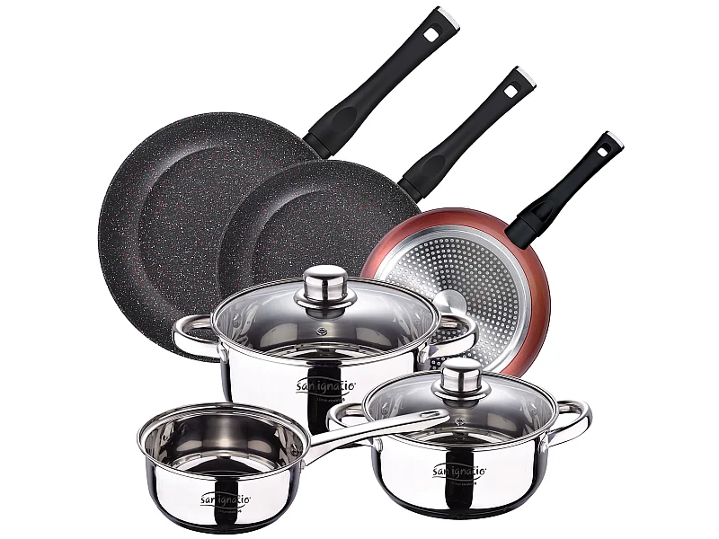 PAQUET DE 3 POÊLES Ø20/24 et 28 cms + ENSEMBLE D'ARTICLES DE CUISINE 5 PIÈCES EN ACIER INOXYDABLE