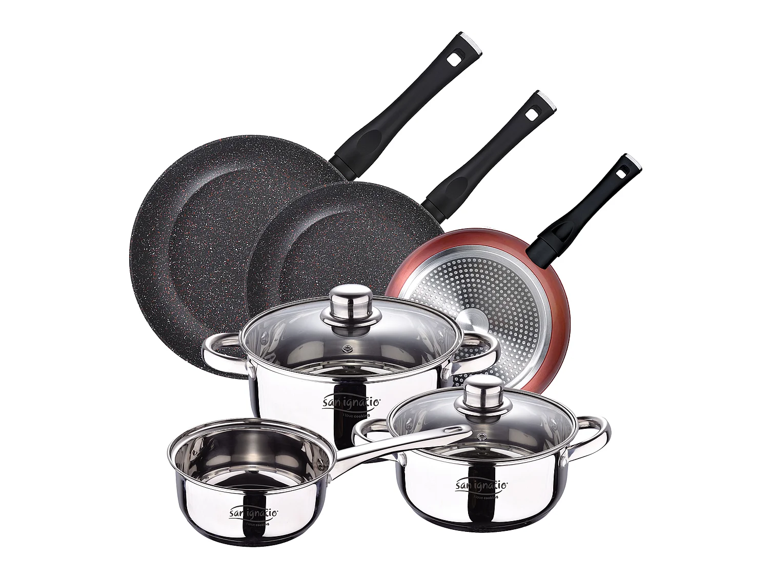 PAQUET DE 3 POÊLES Ø20/24 et 28 cms + ENSEMBLE D'ARTICLES DE CUISINE 5 PIÈCES EN ACIER INOXYDABLE
