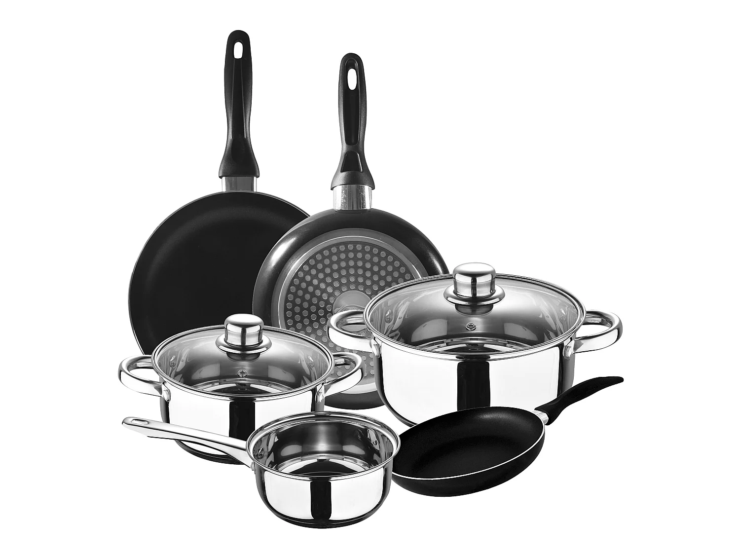 Ensemble de 5 casseroles  Cassel et Ensemble de 3 poêles à frire Ø16/Ø20/Ø24 cms noir, aluminium pressé, antiadhésif, induction