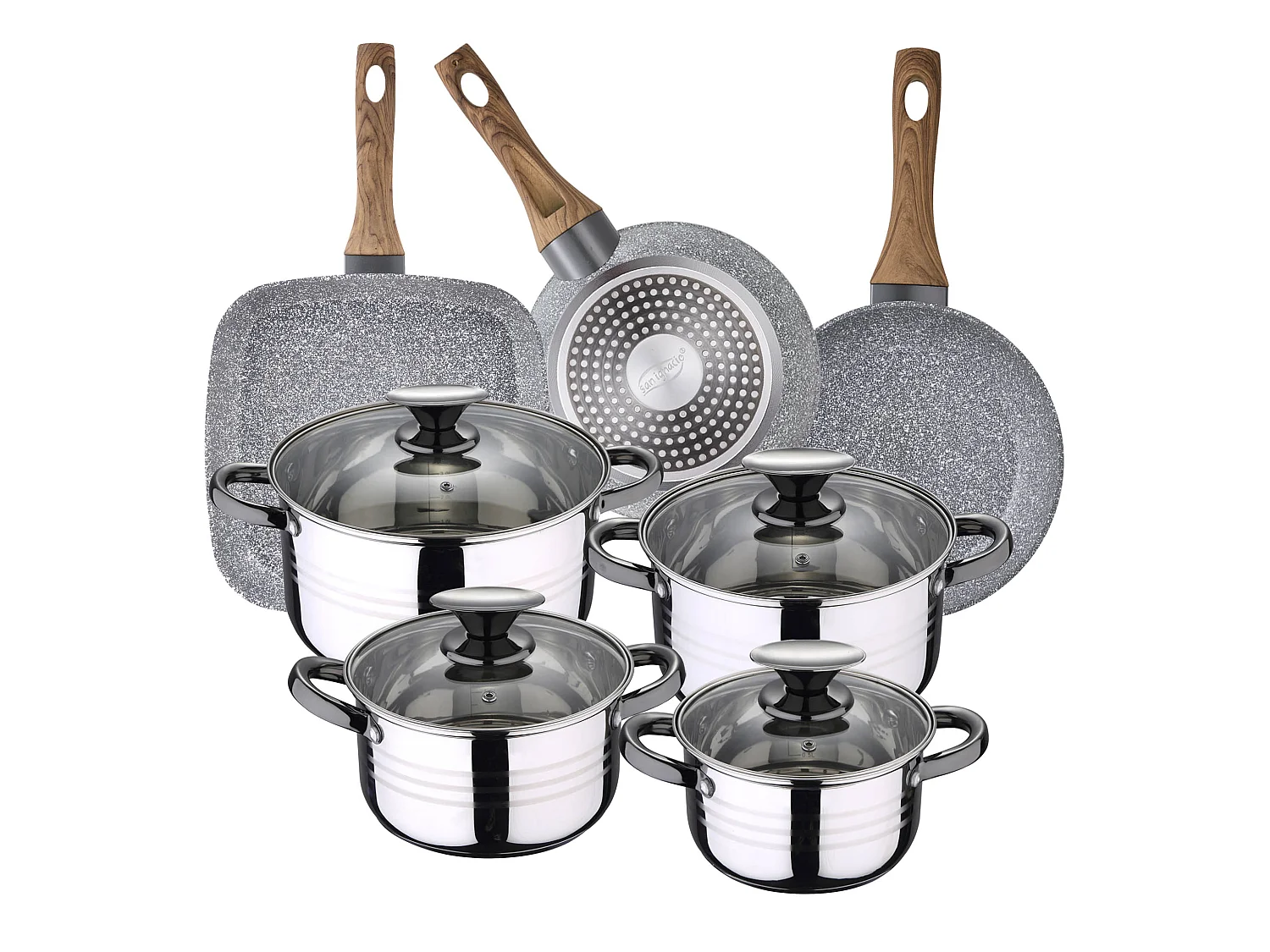 Dina Batterie de cuisine en acier inoxydable 8 pièces avec poêle (18/22 cm) et grill 28x28 cm  Daimiel en aluminium forgé