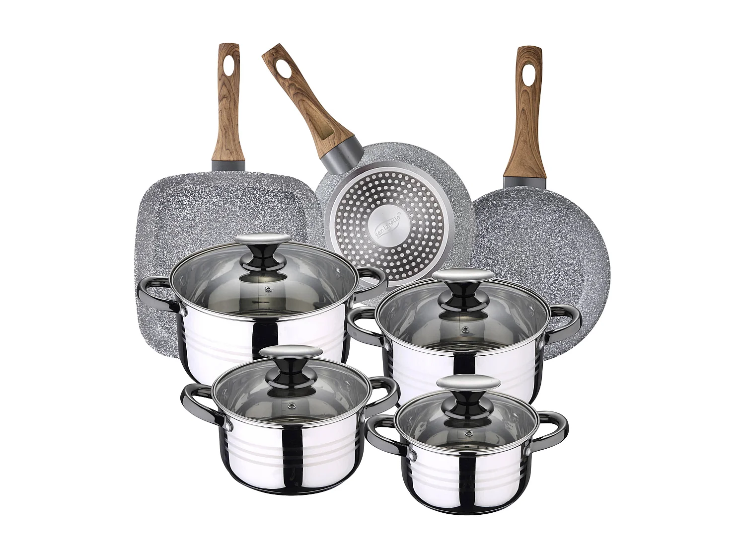 Dina Batterie de cuisine en acier inoxydable 8 pièces avec poêle (18/22 cm) et grill 28x28 cm  Daimiel en aluminium forgé