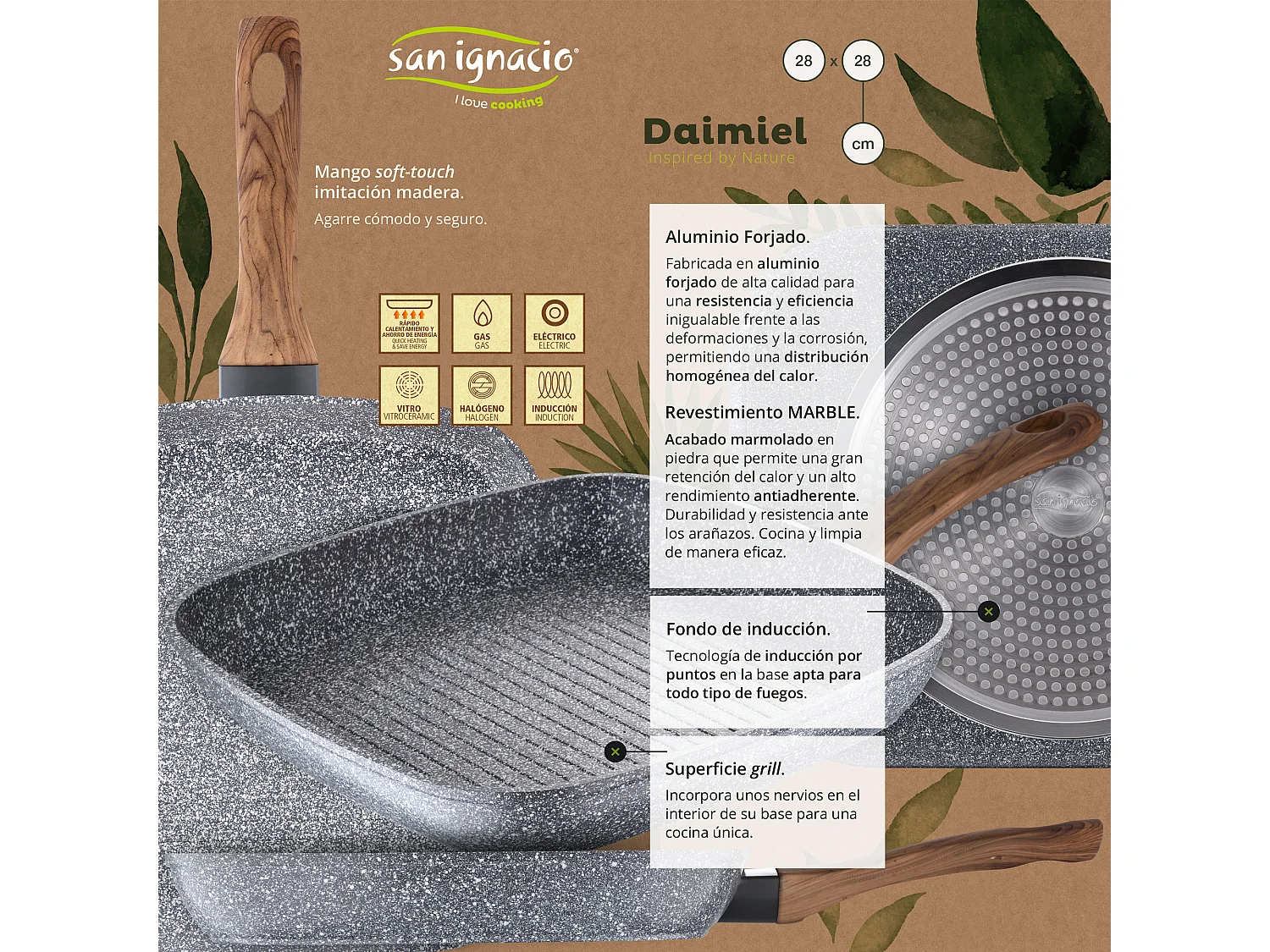 Cassel batterie de cuisine en acier inoxydable avec poêle (18/22 cm) et grill 28x28 cm  Daimiel en aluminium forgé