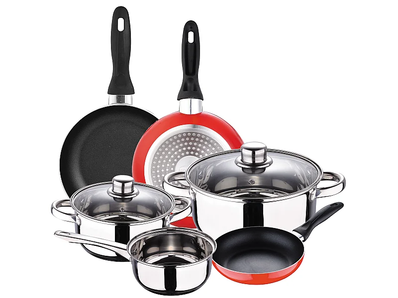 Batterie de cuisine 5 pièces  Cassel et Set de 3 poêles à frire Ø16/Ø20/Ø24 cms rouge, aluminium pressé, antiadhésif, induction