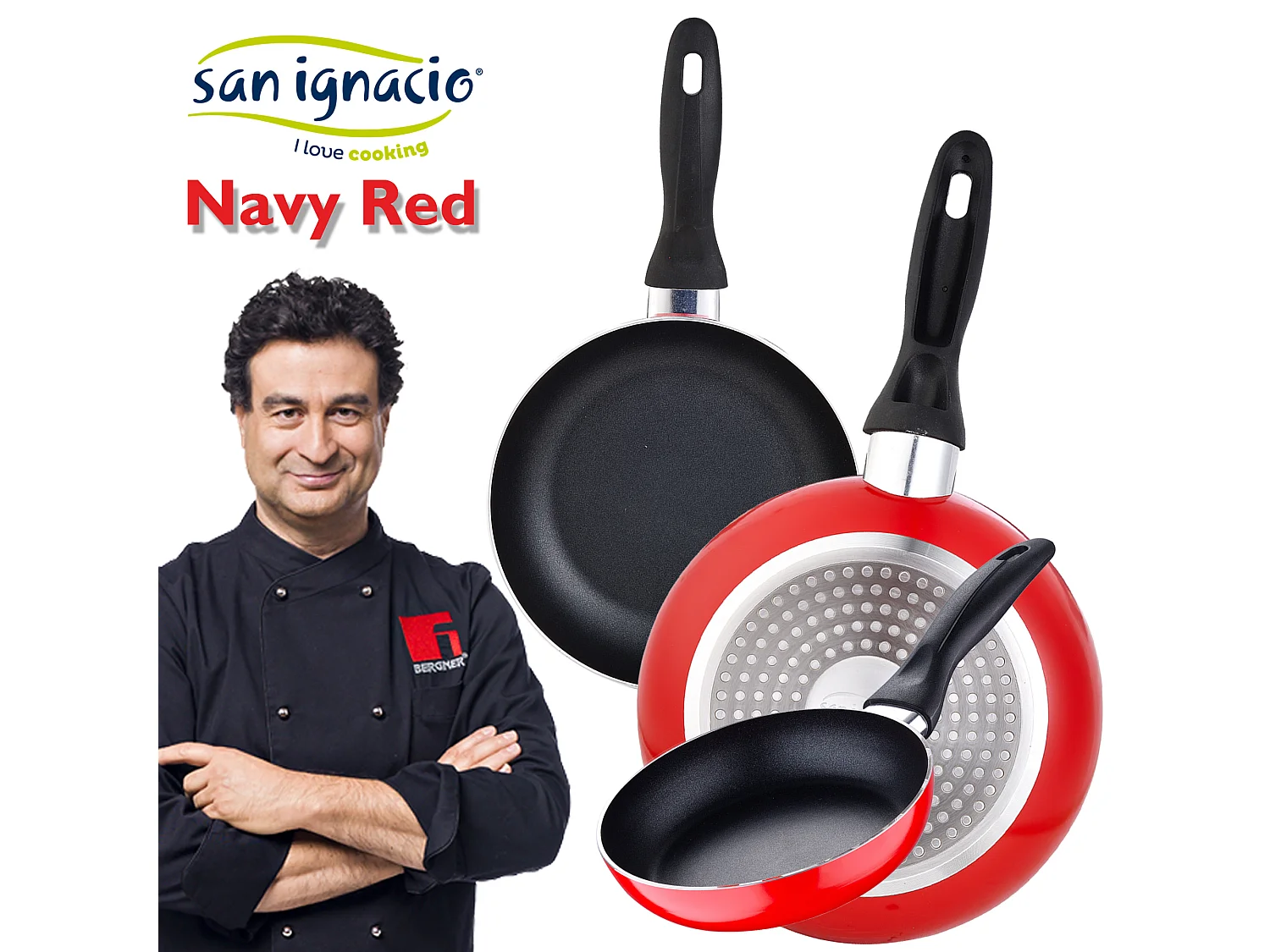 Batterie de cuisine 5 pièces  Cassel et Set de 3 poêles à frire Ø16/Ø20/Ø24 cms rouge, aluminium pressé, antiadhésif, induction