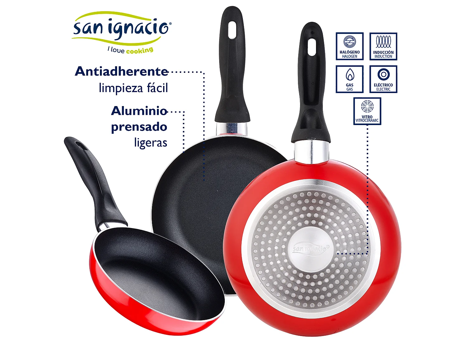 Batterie de cuisine 5 pièces  Cassel et Set de 3 poêles à frire Ø16/Ø20/Ø24 cms rouge, aluminium pressé, antiadhésif, induction