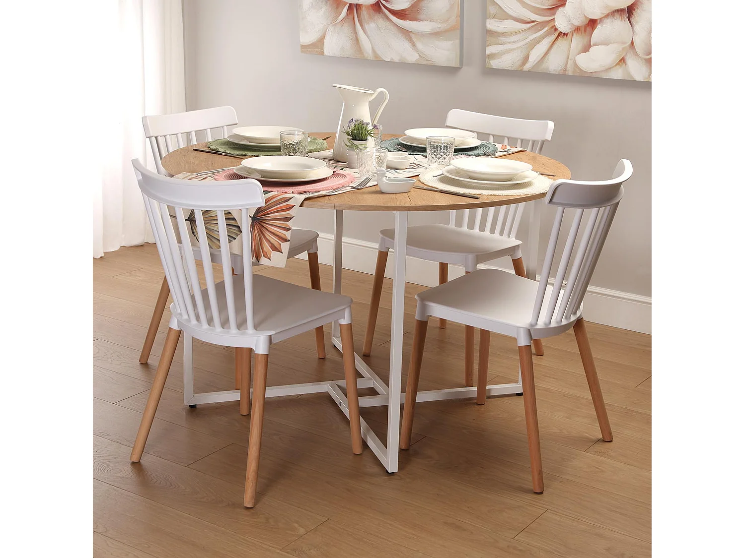 Table de Salle à manger Beatriz, 76 x 120 x 120 cm, Bois et métal, Blanc et marron