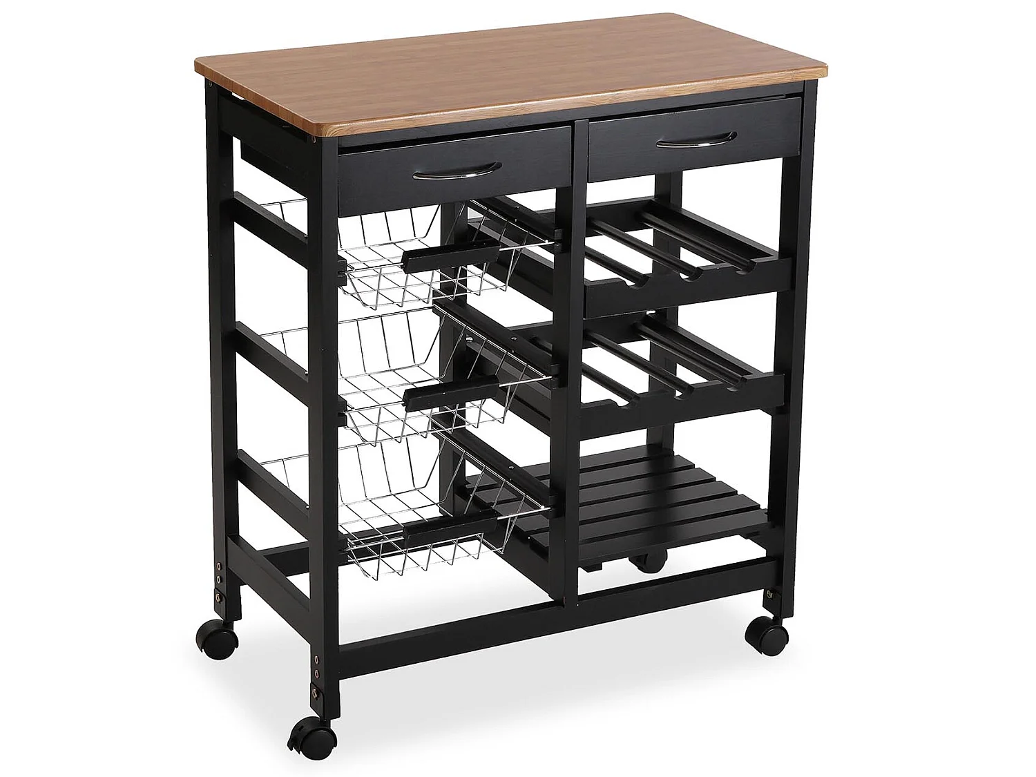 Picton Carro de cocina con ruedas, cajones y botellero, Verdulero con despensa y organizadores, Negro y marrón, 76x37x66cm