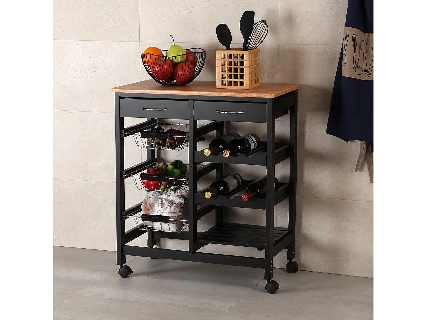 Picton Carro de cocina con ruedas, cajones y botellero, Verdulero con despensa y organizadores, Negro y marrón, 76x37x66cm