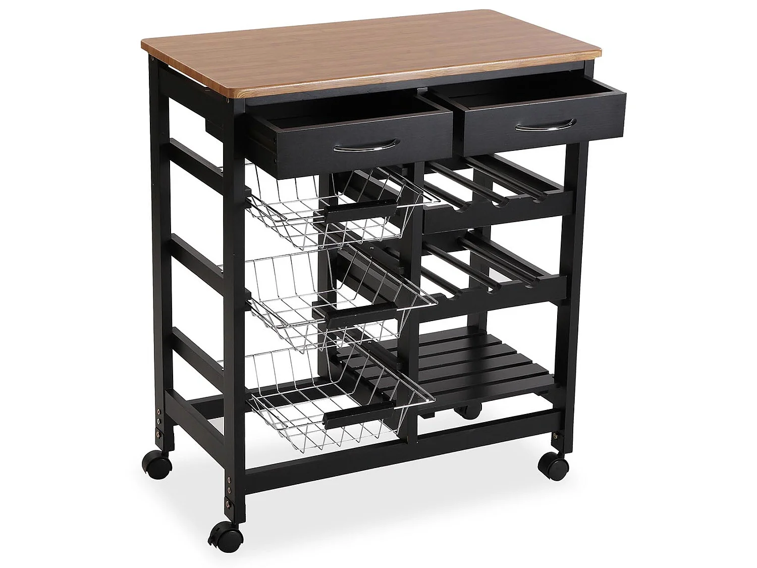 Picton Carro de cocina con ruedas, cajones y botellero, Verdulero con despensa y organizadores, Negro y marrón, 76x37x66cm