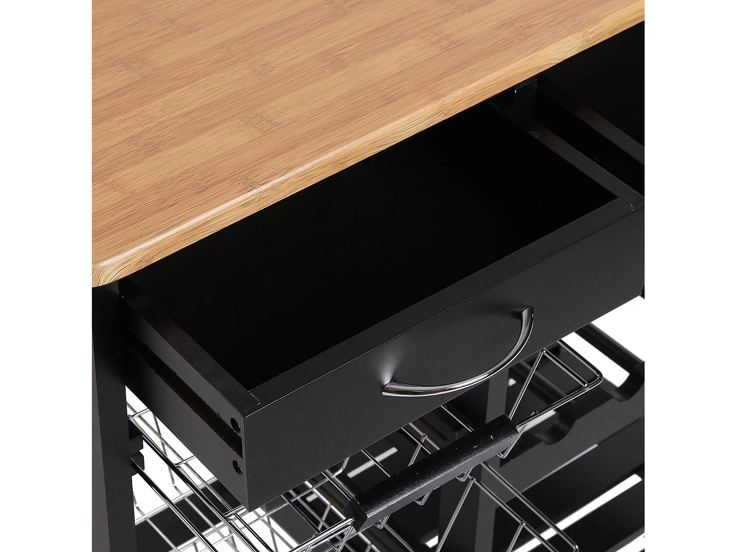 Picton Carro de cocina con ruedas, cajones y botellero, Verdulero con despensa y organizadores, Negro y marrón, 76x37x66cm