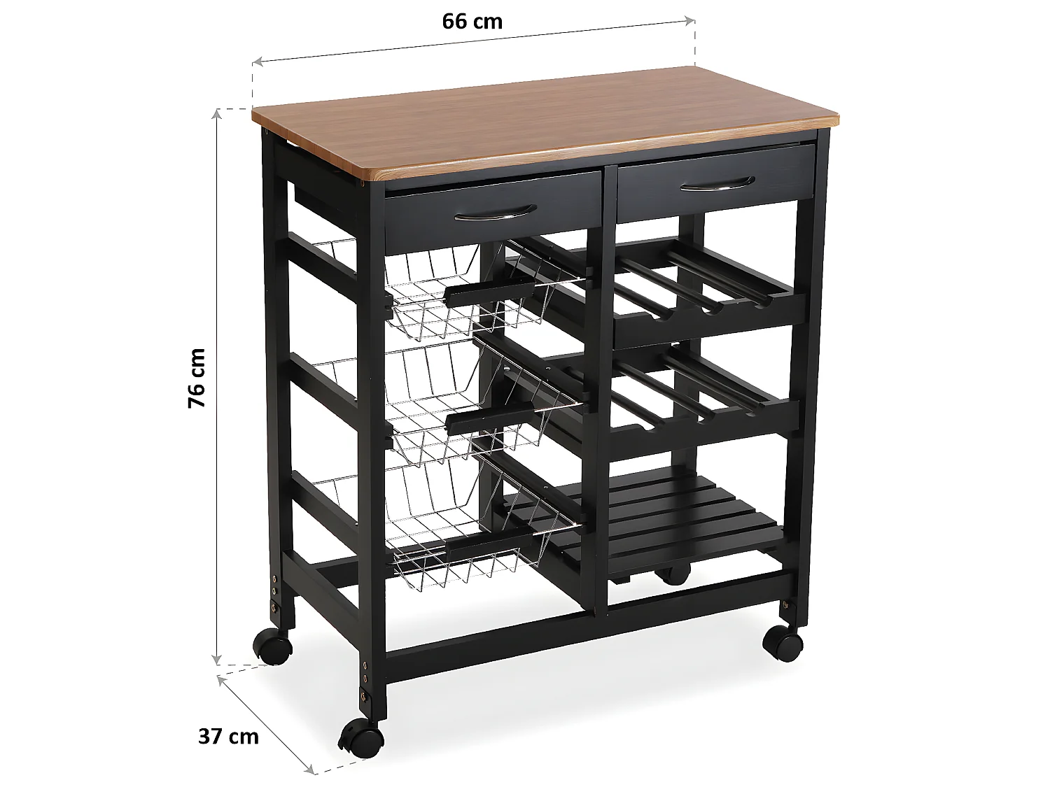 Picton Carro de cocina con ruedas, cajones y botellero, Verdulero con despensa y organizadores, Negro y marrón, 76x37x66cm