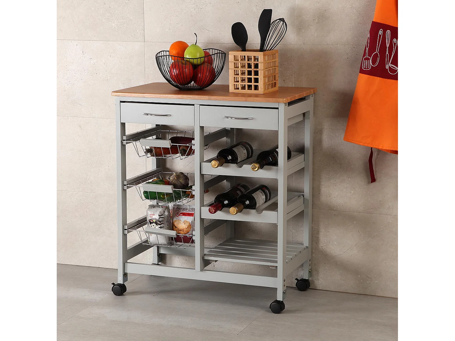Desserte de cuisine Picton, 76 x 37 x 66 cm, Bois, Gris et marron