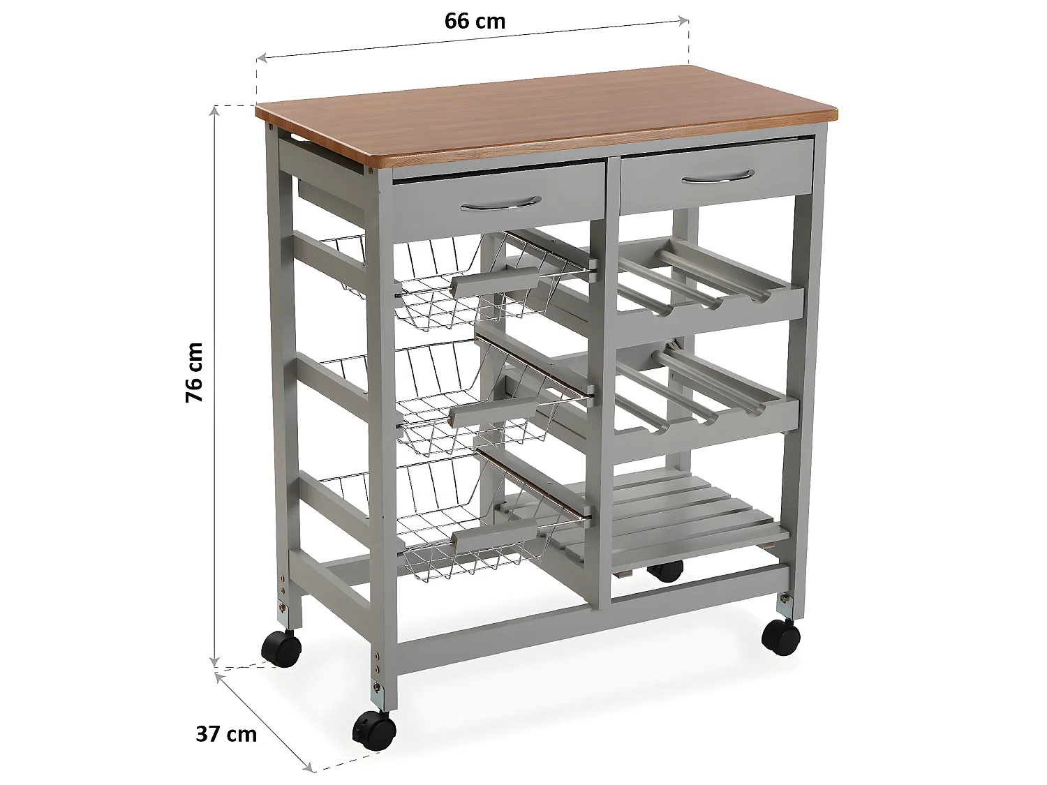 Desserte de cuisine Picton, 76 x 37 x 66 cm, Bois, Gris et marron
