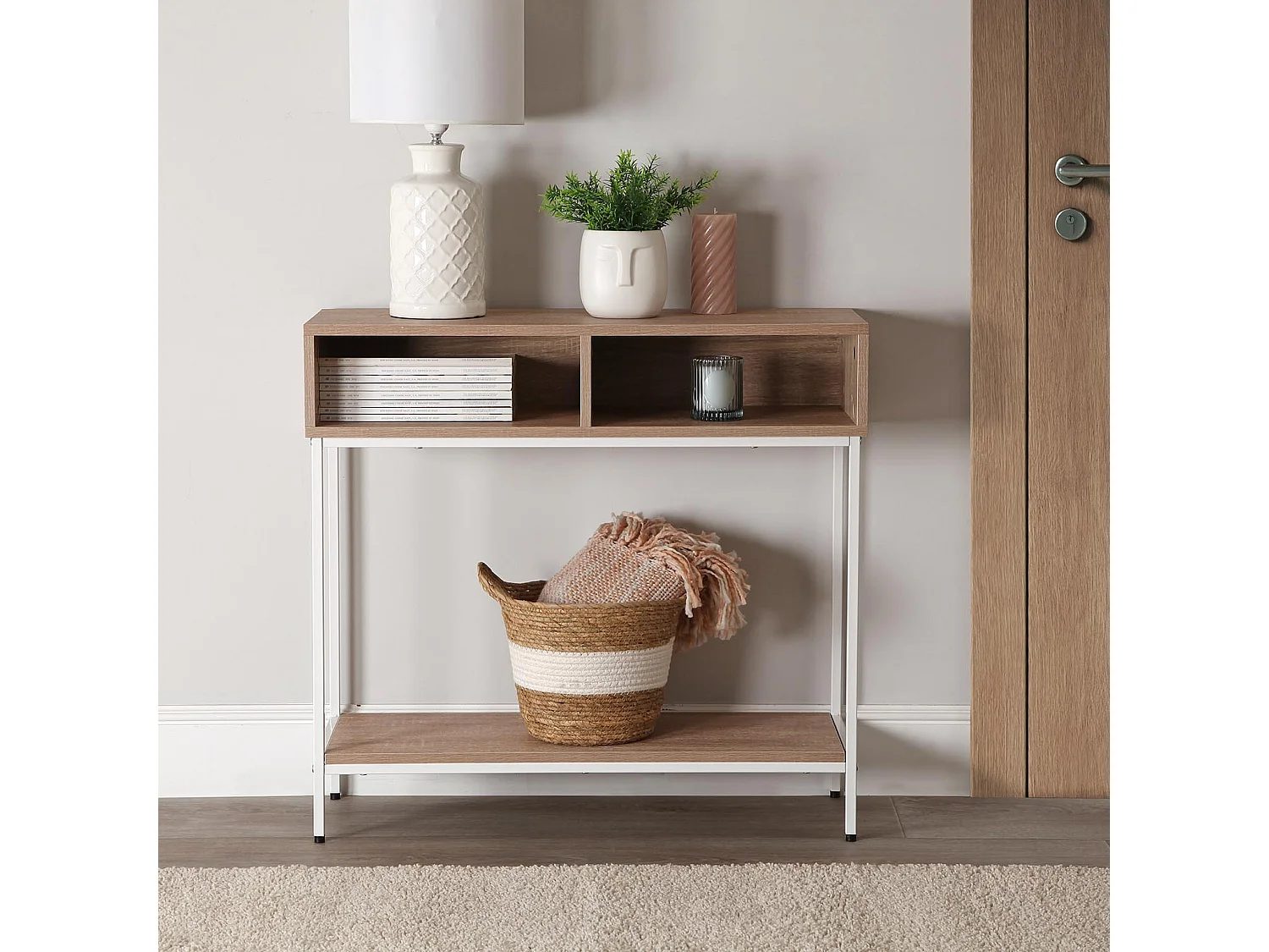 Table Console Jinkx, 75 x 30 x 80 cm, Bois et métal, Marron et blanc