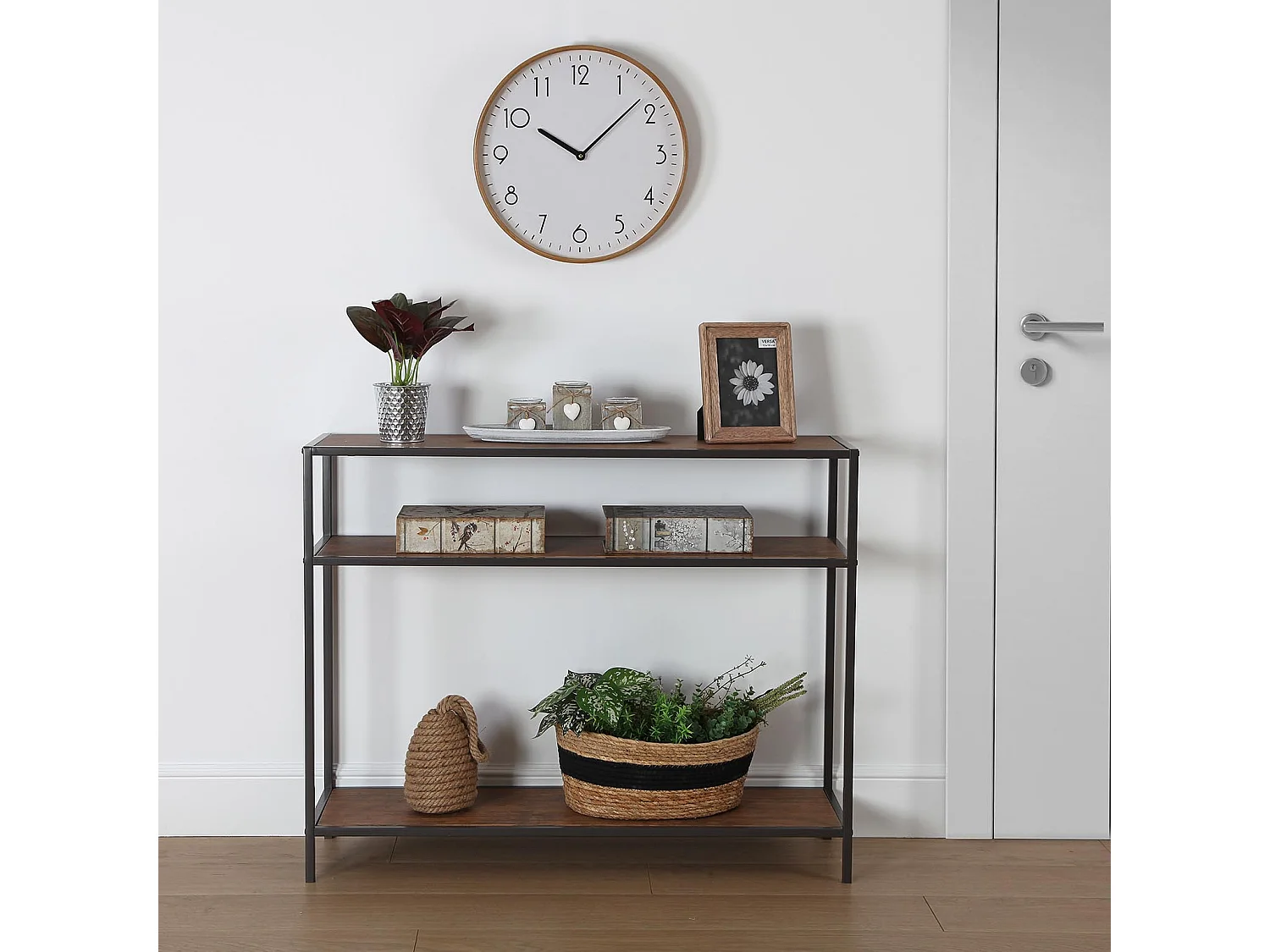 Table Console Berlin, 80 x 30 x 100 cm, Bois et métal, Marron et noir