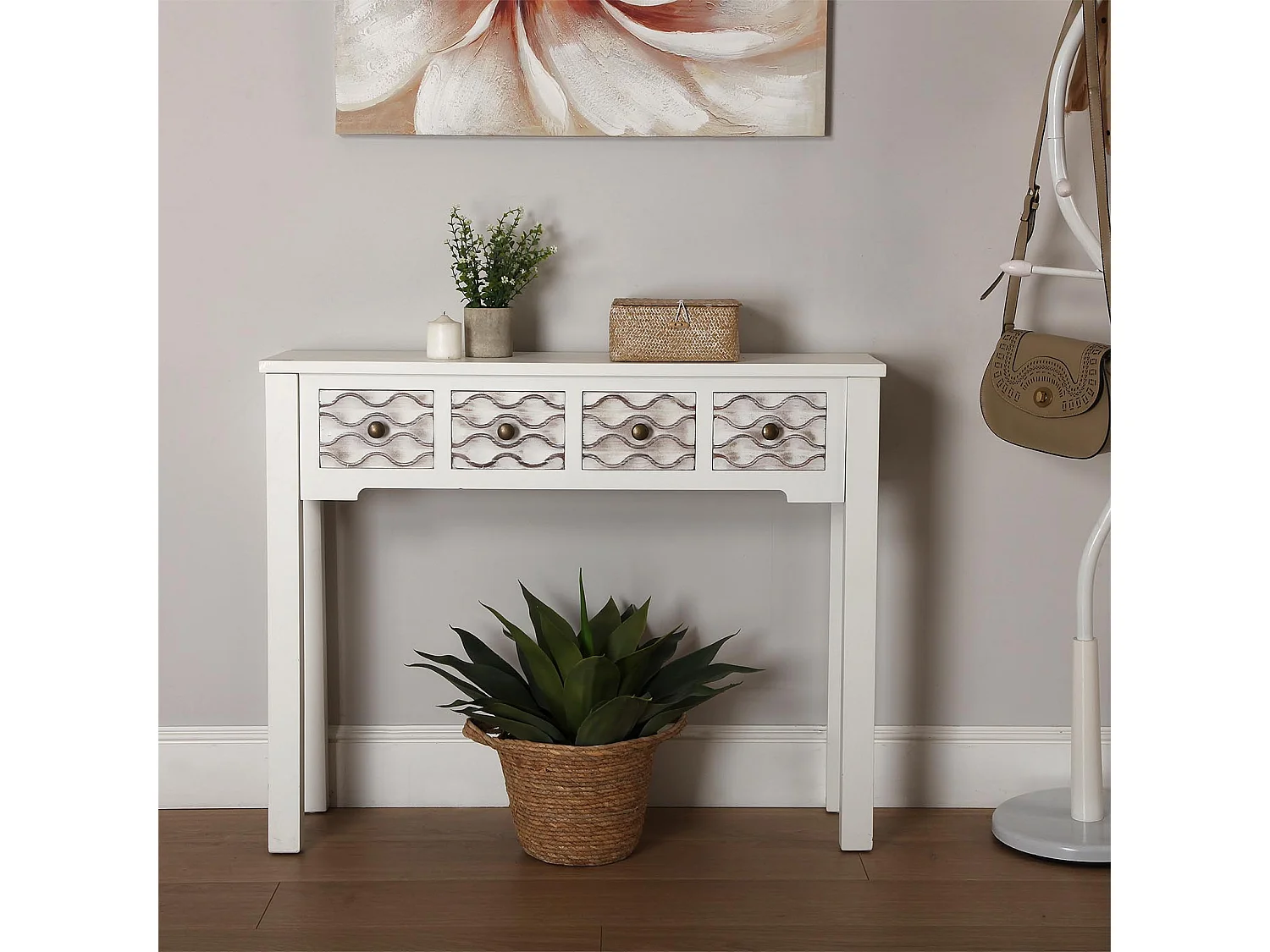 Table Console Safira, 79 x 25 x 97 cm, Bois, Blanc et marron