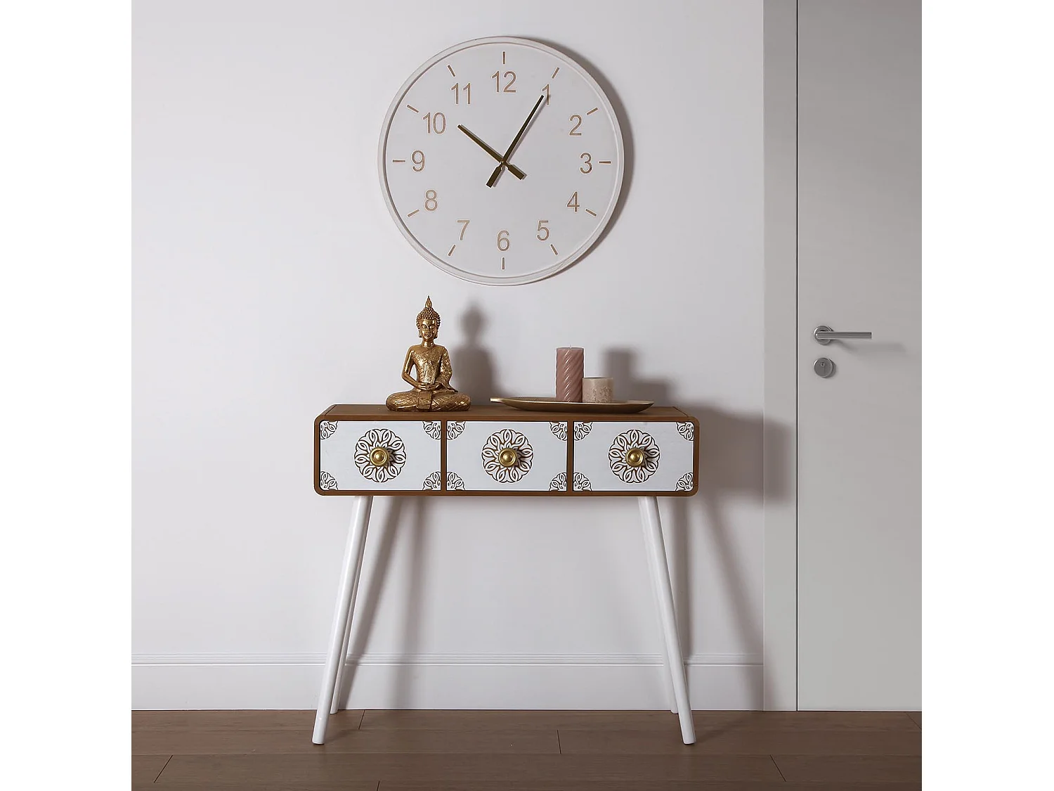 Table Console Lyssa, 79 x 30 x 90 cm, Bois, Blanc et marron