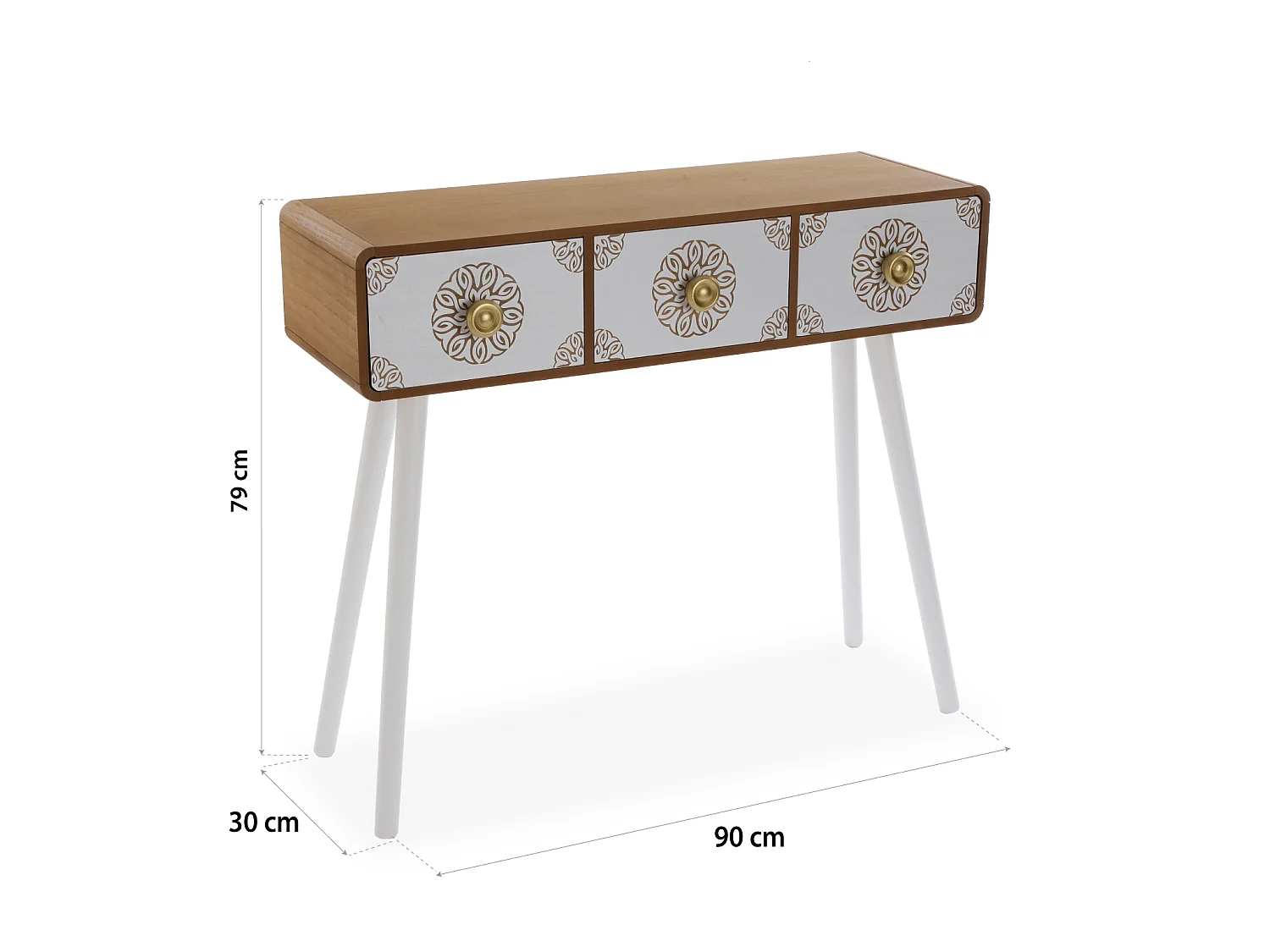 Table Console Lyssa, 79 x 30 x 90 cm, Bois, Blanc et marron