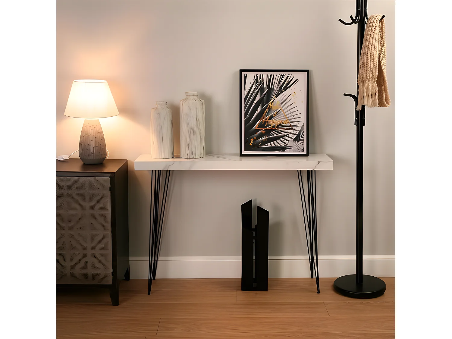 Table Console Carole, 80 x 25 x 110 cm, Bois et métal, Gris et blanc