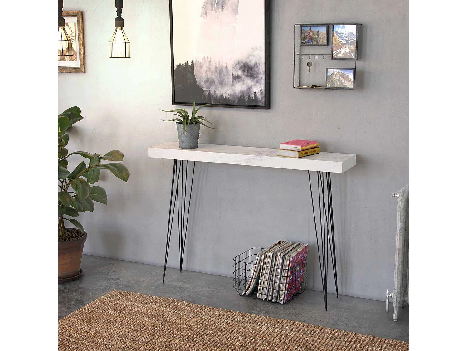 Table Console Carole, 80 x 25 x 110 cm, Bois et métal, Gris et blanc