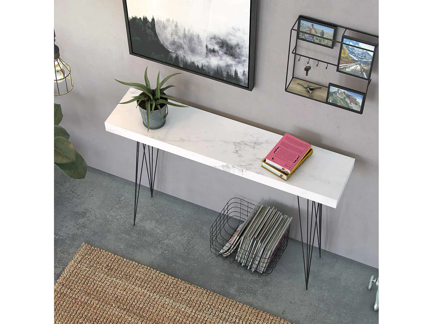 Table Console Carole, 80 x 25 x 110 cm, Bois et métal, Gris et blanc