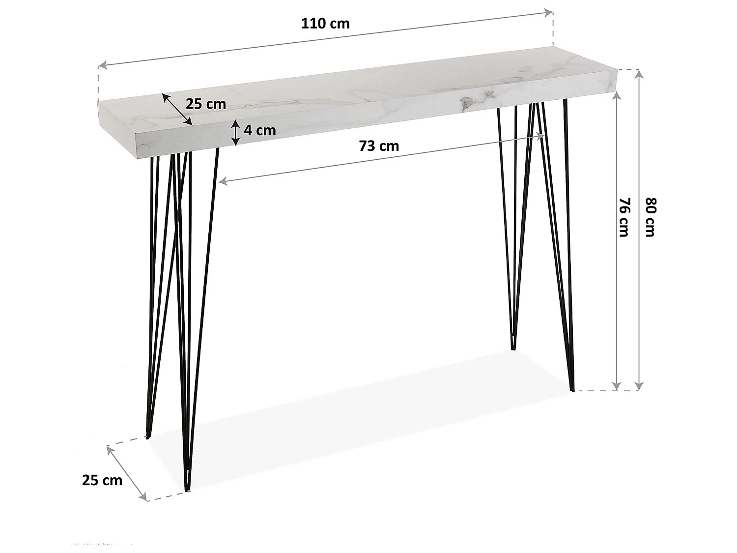 Table Console Carole, 80 x 25 x 110 cm, Bois et métal, Gris et blanc