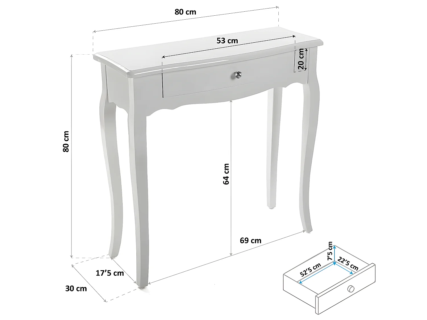 Cagliari Tavolo Consolle, Tavolino da Ingresso, Corridoio o Sala, Stretto, Bianco, 80x30x80cm