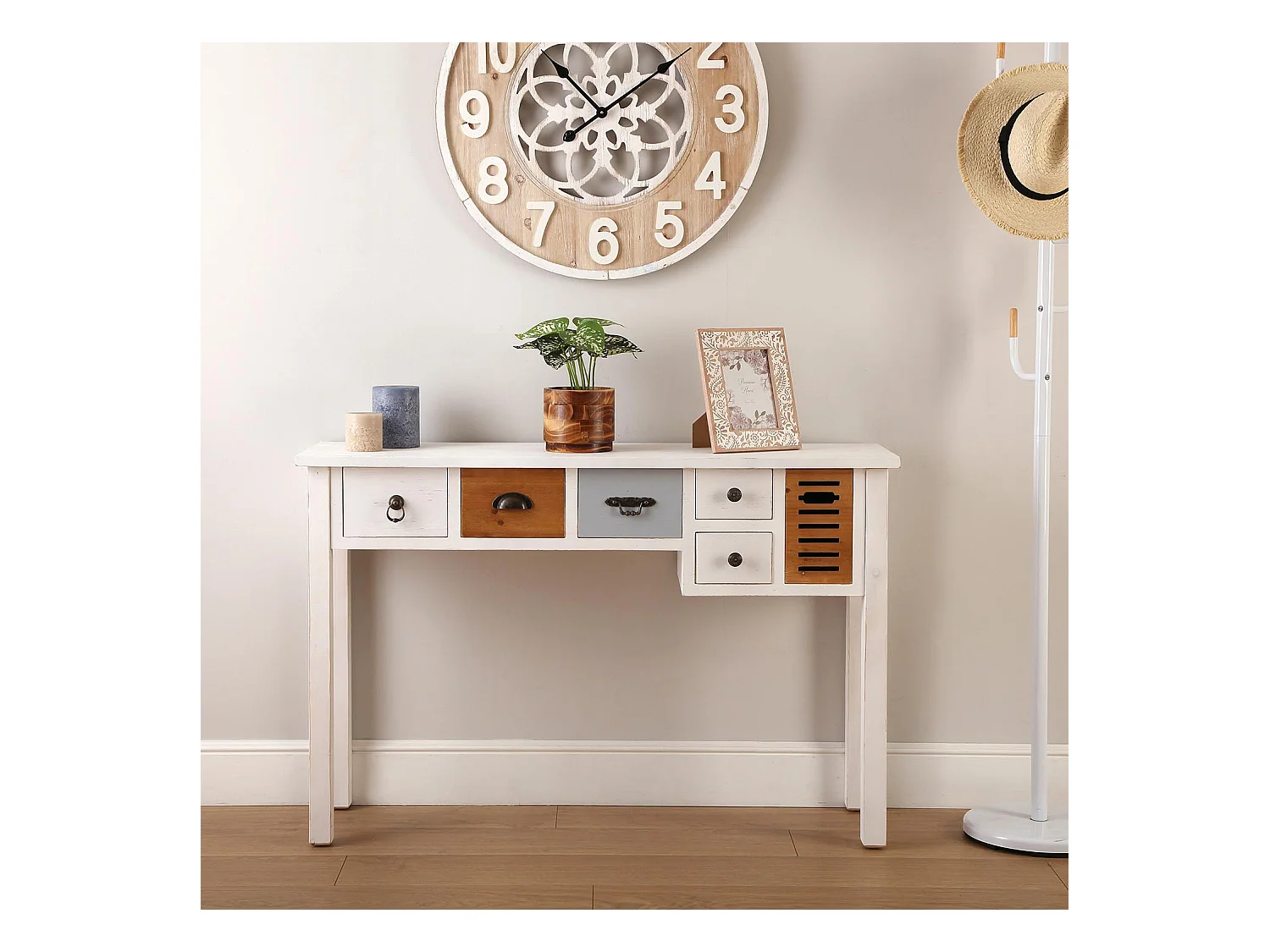 Table Console Areti, 79 x 34 x 120 cm, Bois, Marron et blanc