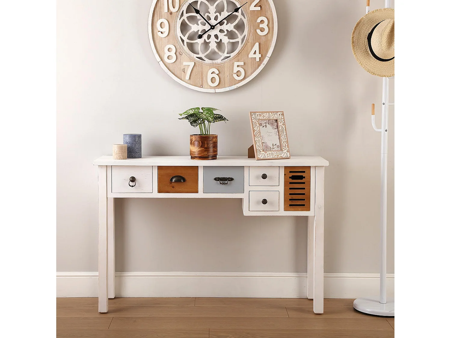 Table Console Areti, 79 x 34 x 120 cm, Bois, Marron et blanc