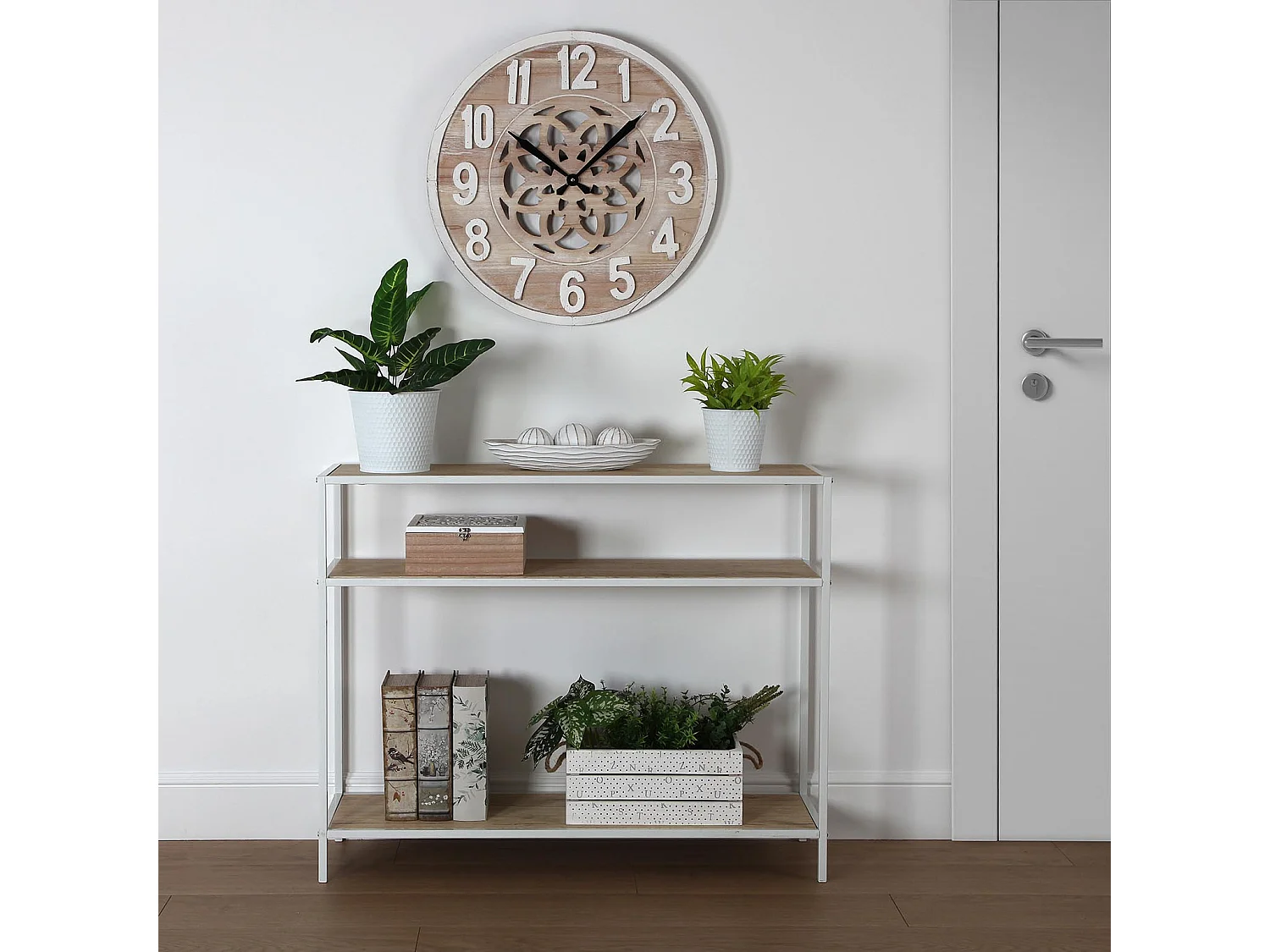 Table Console Berlin, 80 x 30 x 100 cm, Bois et métal, Marron et blanc