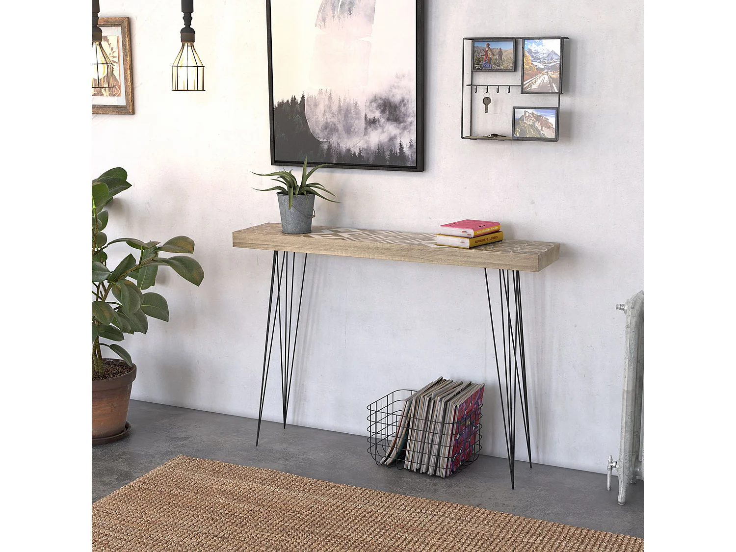 Table Console Magda, 80 x 25 x 110 cm, Bois et métal, Marron et blanc