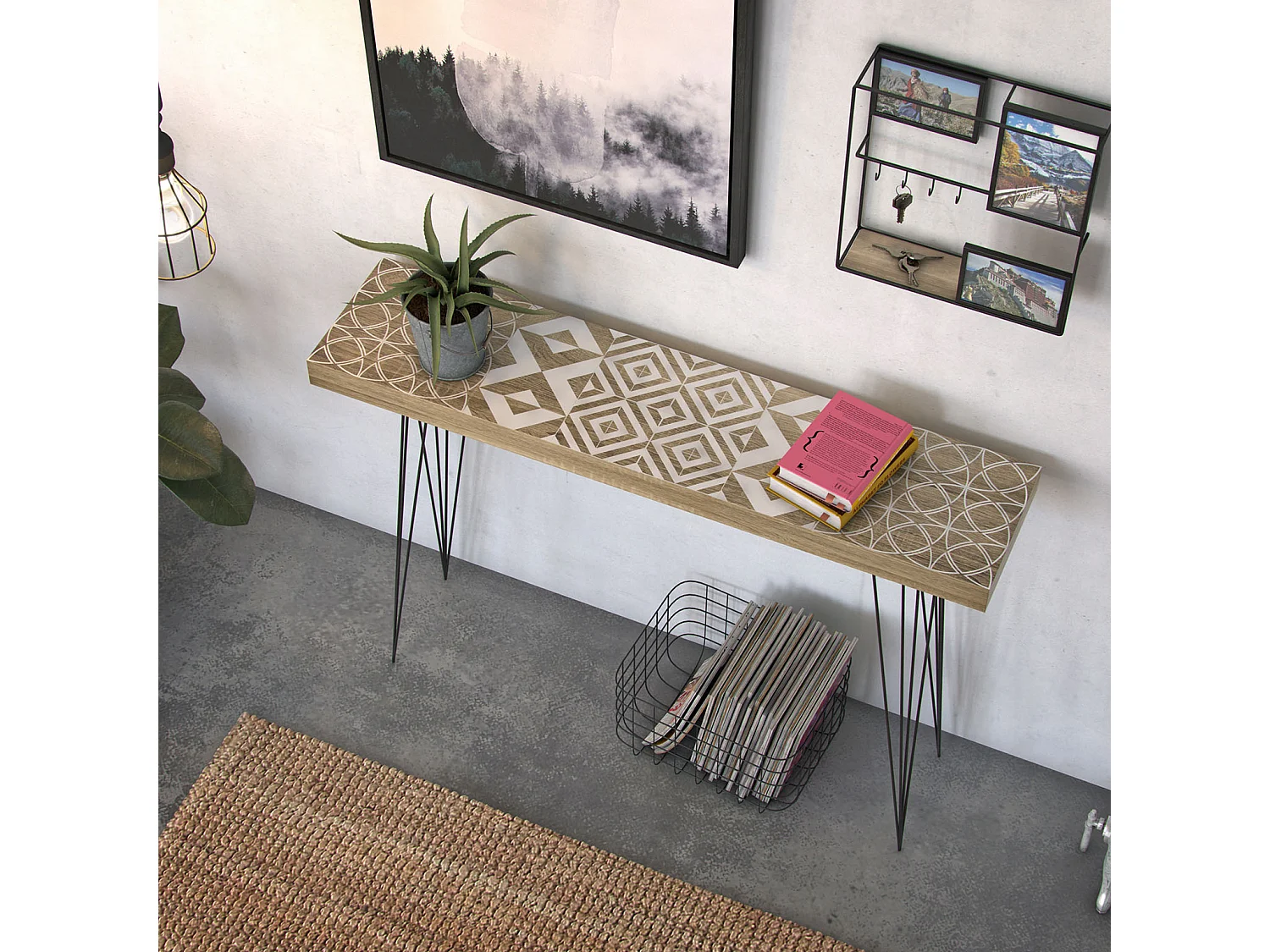 Table Console Magda, 80 x 25 x 110 cm, Bois et métal, Marron et blanc
