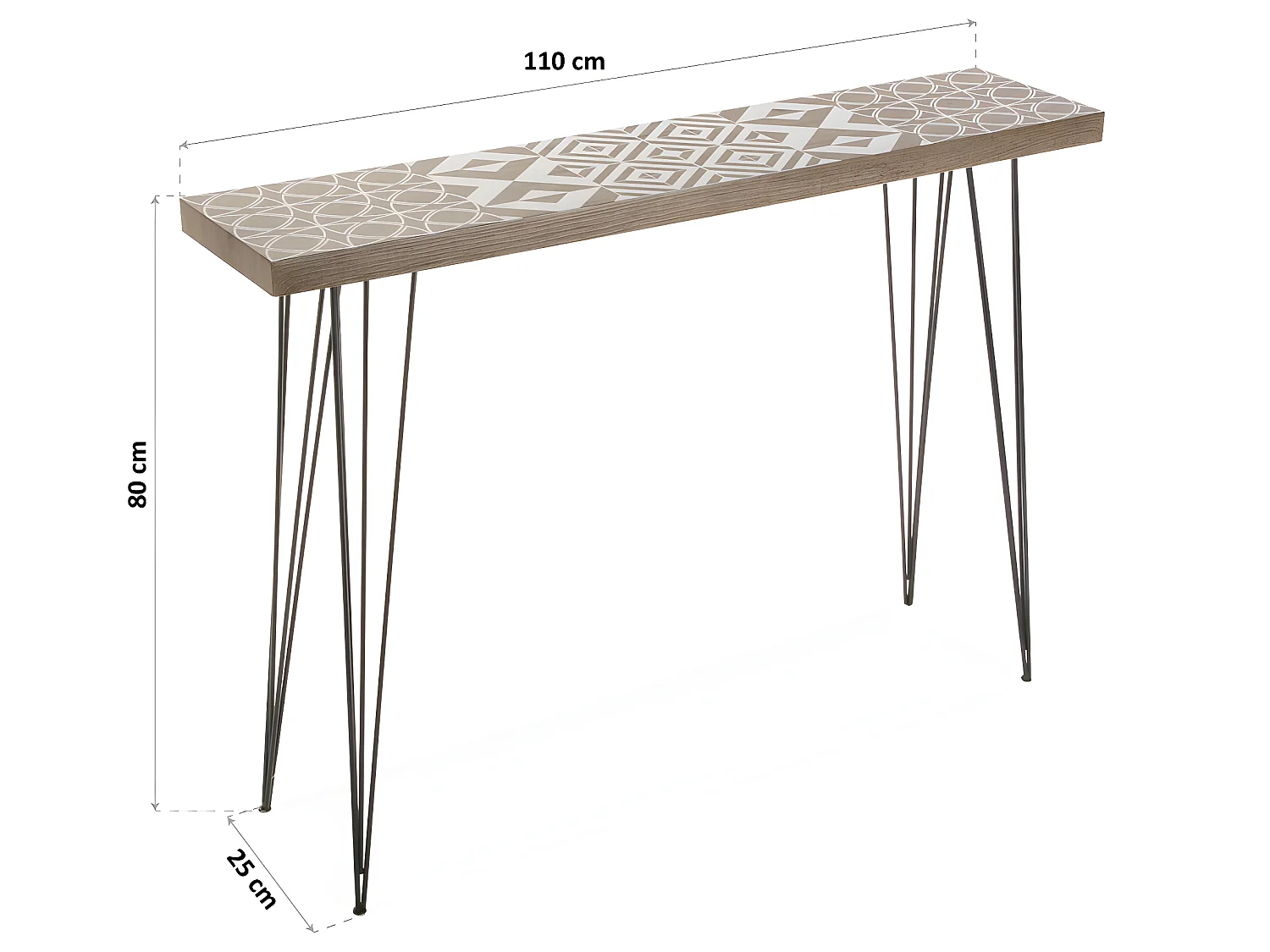 Table Console Magda, 80 x 25 x 110 cm, Bois et métal, Marron et blanc