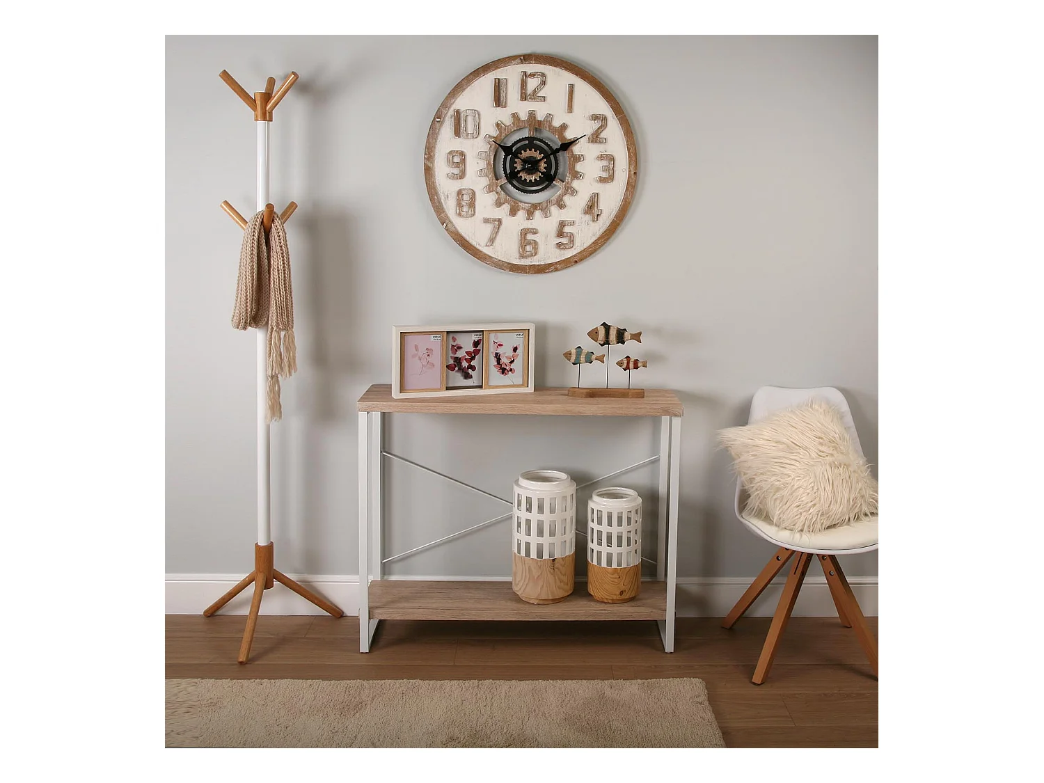 Table Console Taline, 80 x 30 x 100 cm, Bois et métal, Blanc