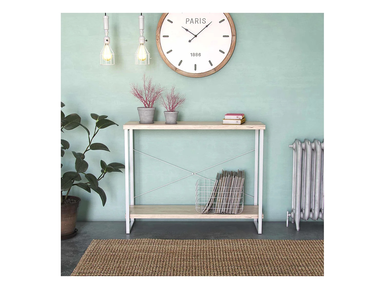 Table Console Taline, 80 x 30 x 100 cm, Bois et métal, Blanc