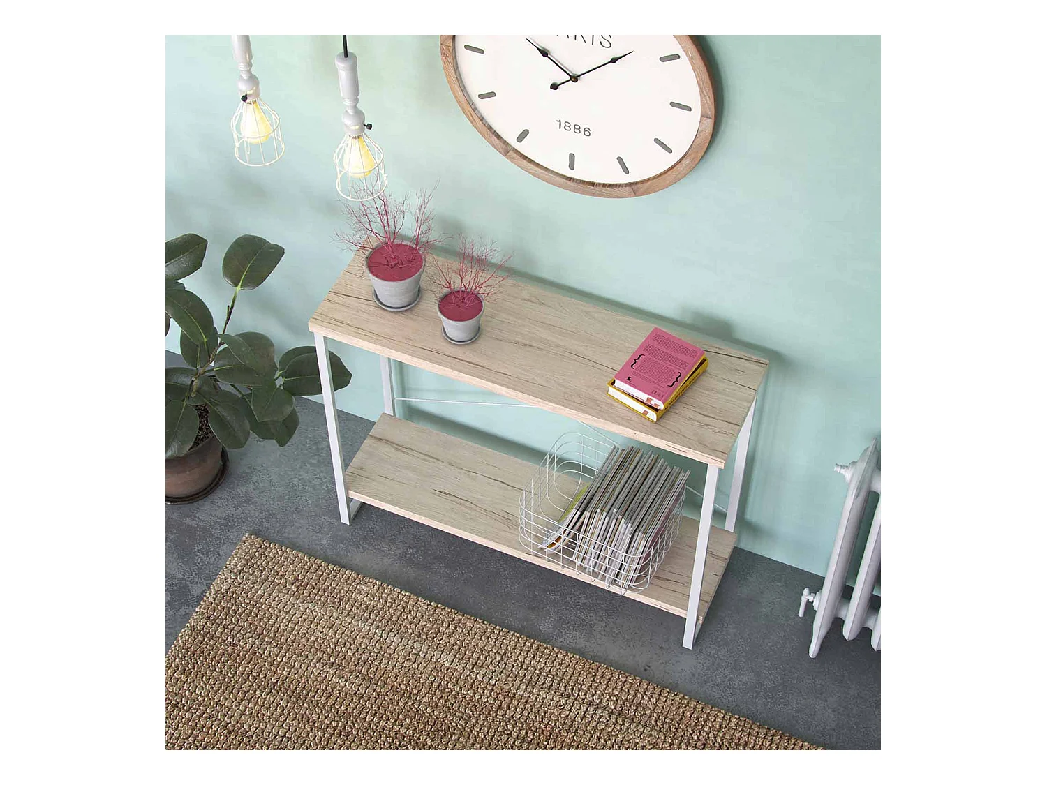 Table Console Taline, 80 x 30 x 100 cm, Bois et métal, Blanc