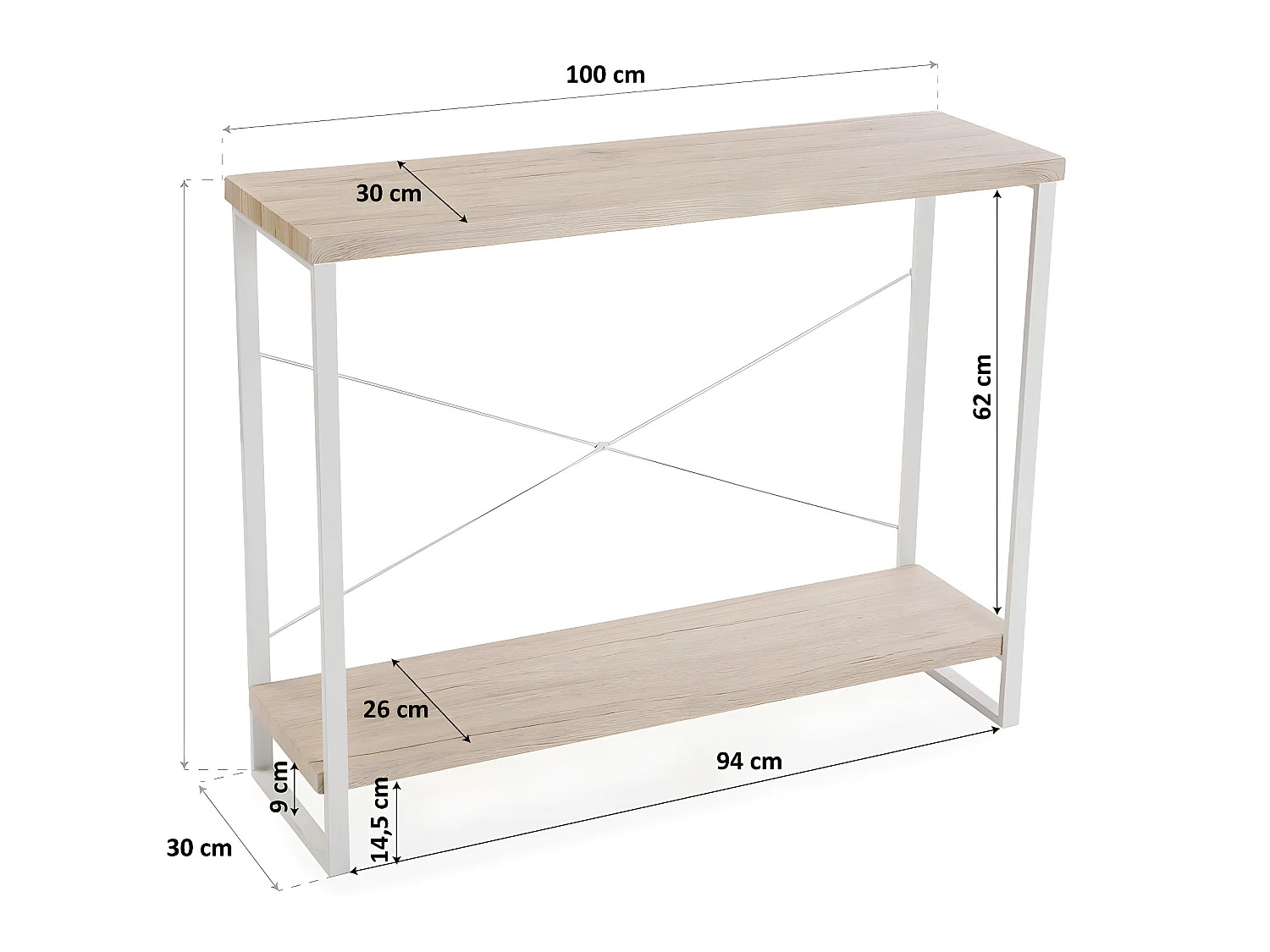 Table Console Taline, 80 x 30 x 100 cm, Bois et métal, Blanc