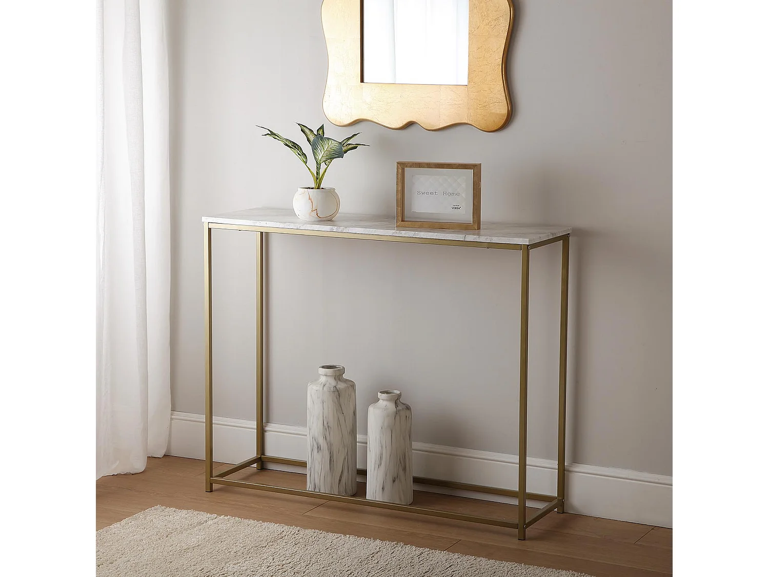 Table Console Montpellier, 81 x 30 x 100 cm, Bois et métal, Marbre et or