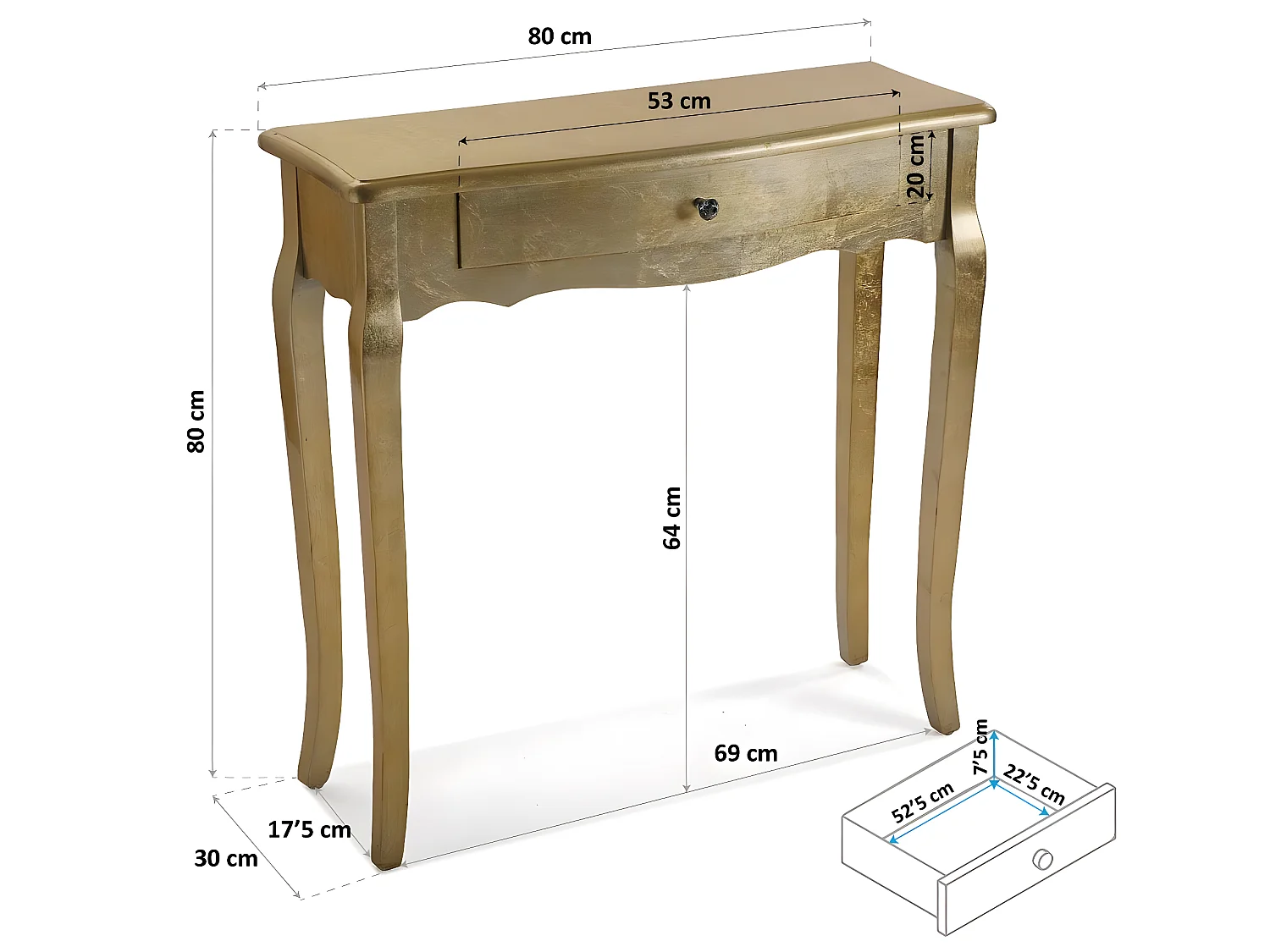 Cagliari Mueble Recibidor Estrecho para la Entrada o el Pasillo, Mesa Consola, Dorado, 80x30x80cm
