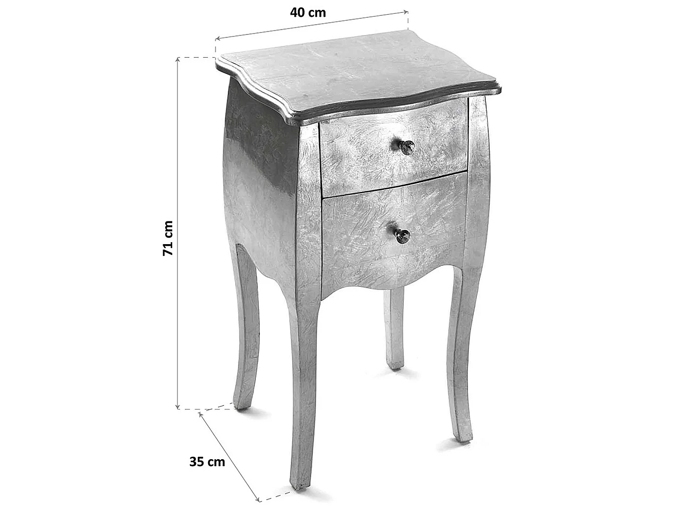 Table de chevet Cagliari, 71 x 35 x 40 cm, Bois, Argenté