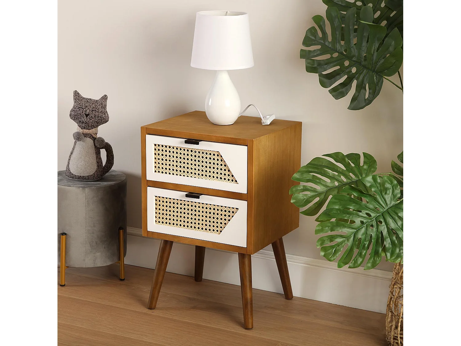Table de chevet Martine, 40 x 35 x 61 cm, Bois, Marron et blanc