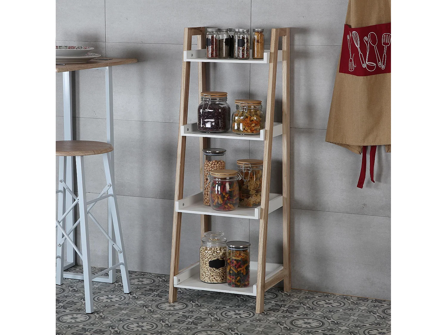 Étagère de salle de bain Nancy, 98 x 34 x 35 cm, Bois, Marron et blanc