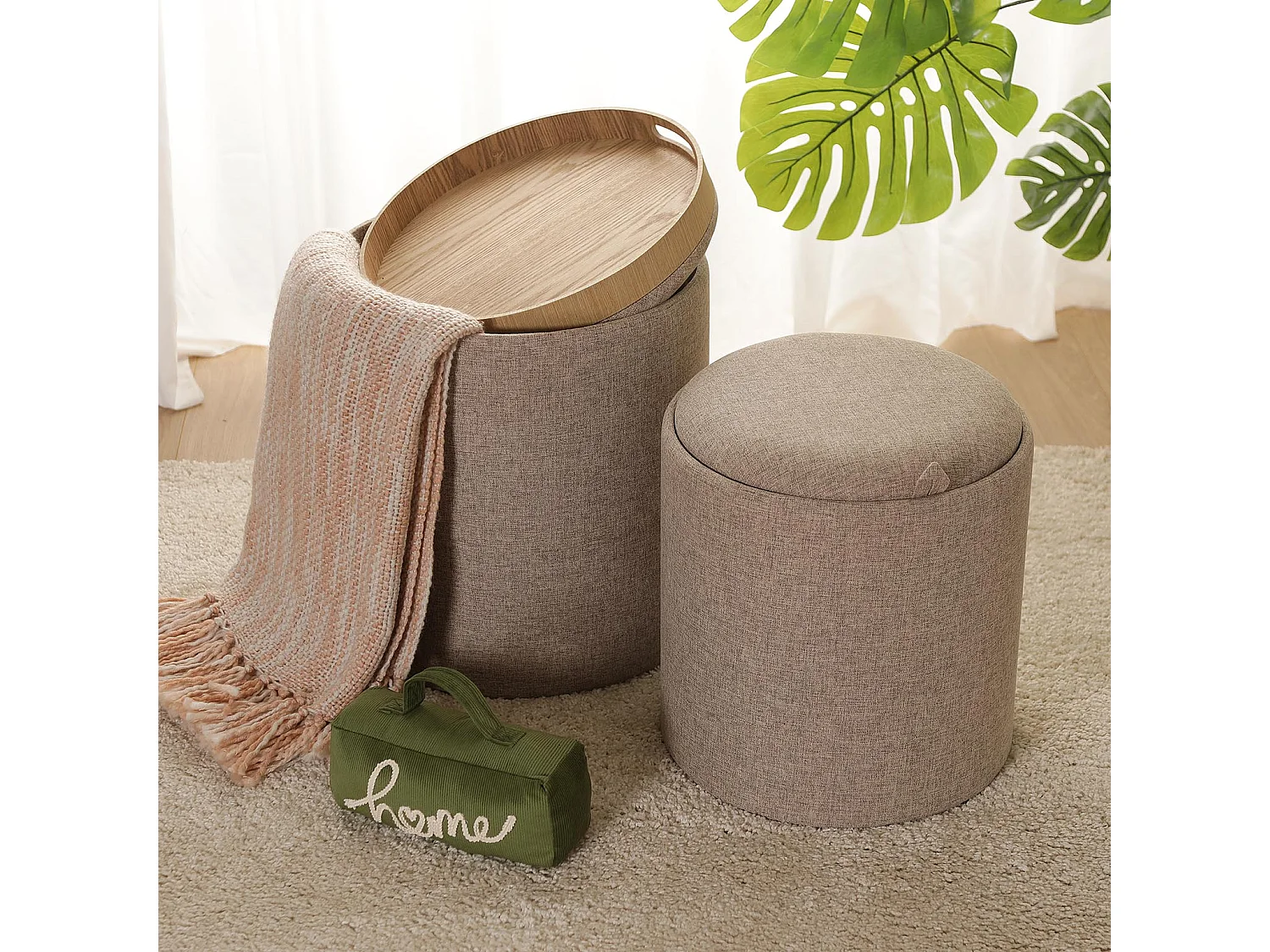 Tabouret pouf Bangalore, 44 x 39 x 39 cm, Coton, Beige