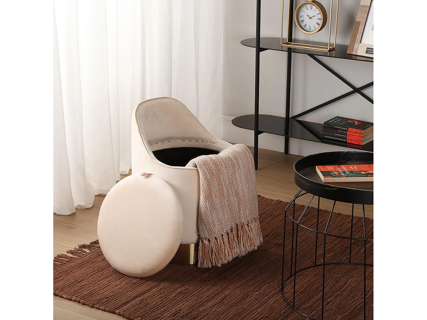 Tabouret pouf Sirsi, 55 x 40 x 40 cm, Textile et Métal, Beige