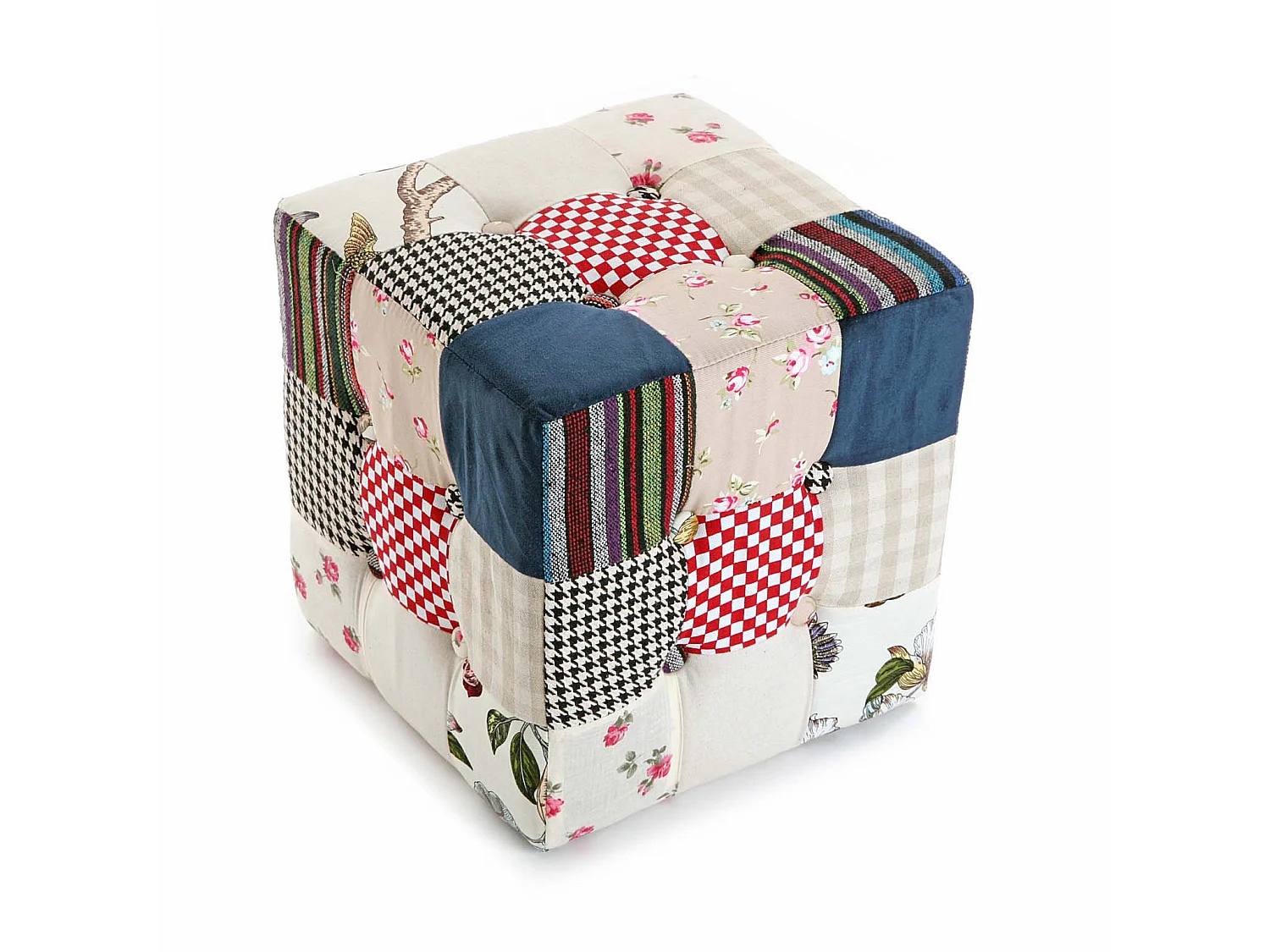 Tabouret pouf Romantic Patchwork, 35 x 35 x 35 cm, Coton, Bleu