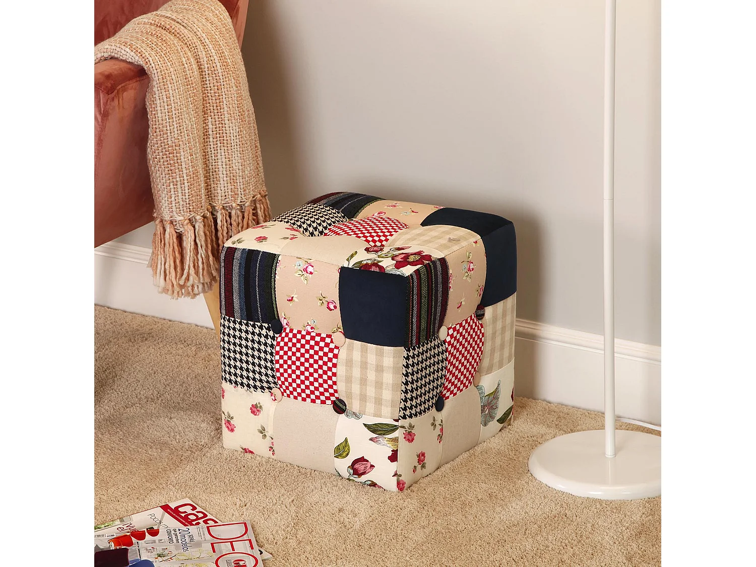 Tabouret pouf Romantic Patchwork, 35 x 35 x 35 cm, Coton, Bleu