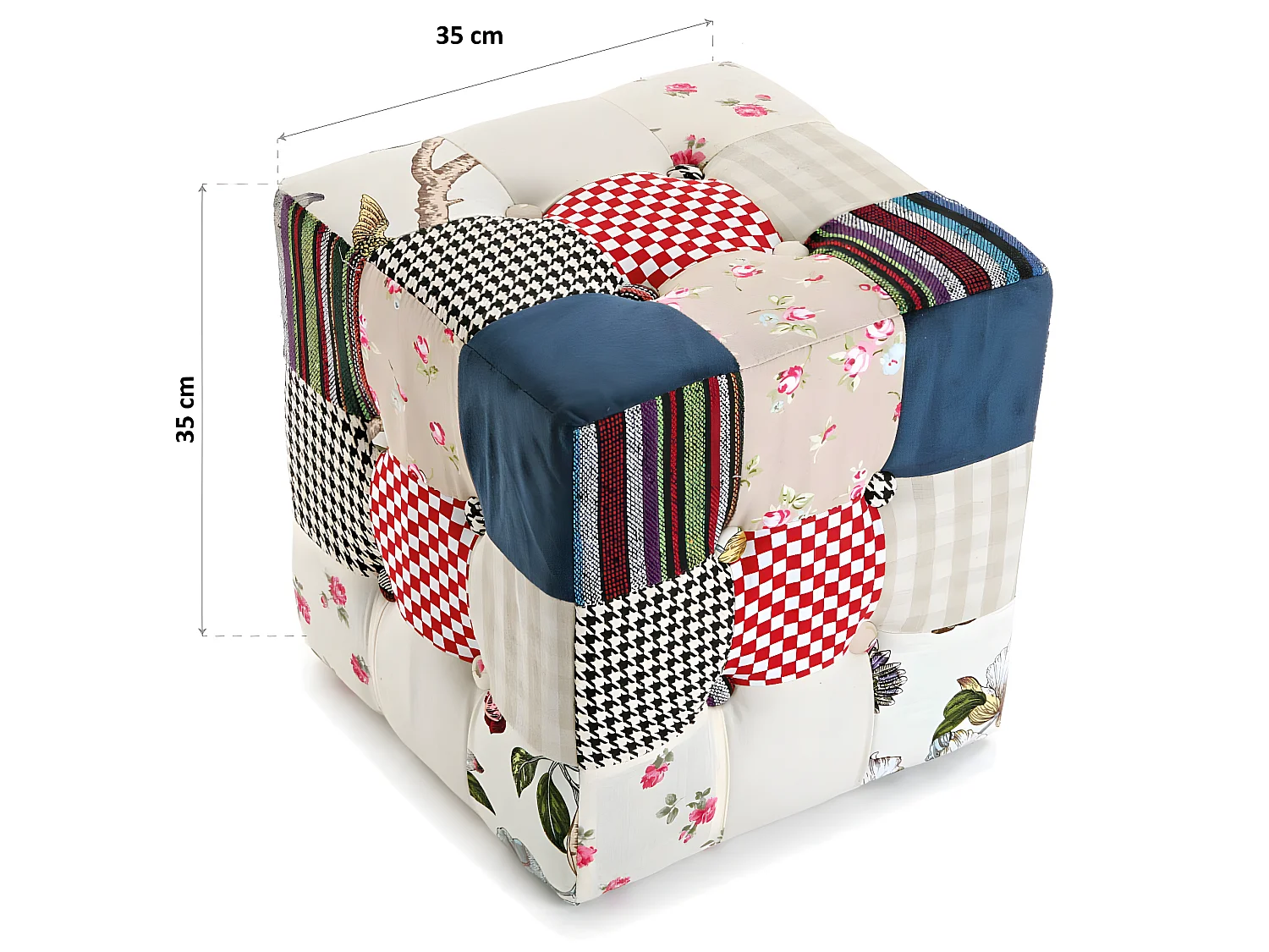 Tabouret pouf Romantic Patchwork, 35 x 35 x 35 cm, Coton, Bleu