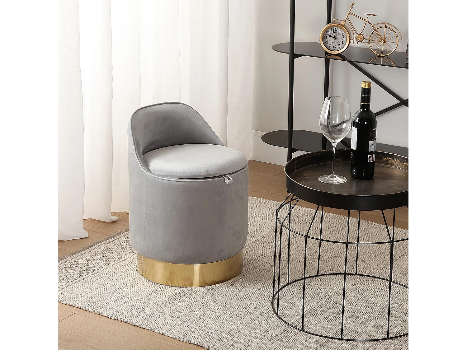 Tabouret pouf Sirsi, 55 x 40 x 40 cm, Textile et Métal, Gris