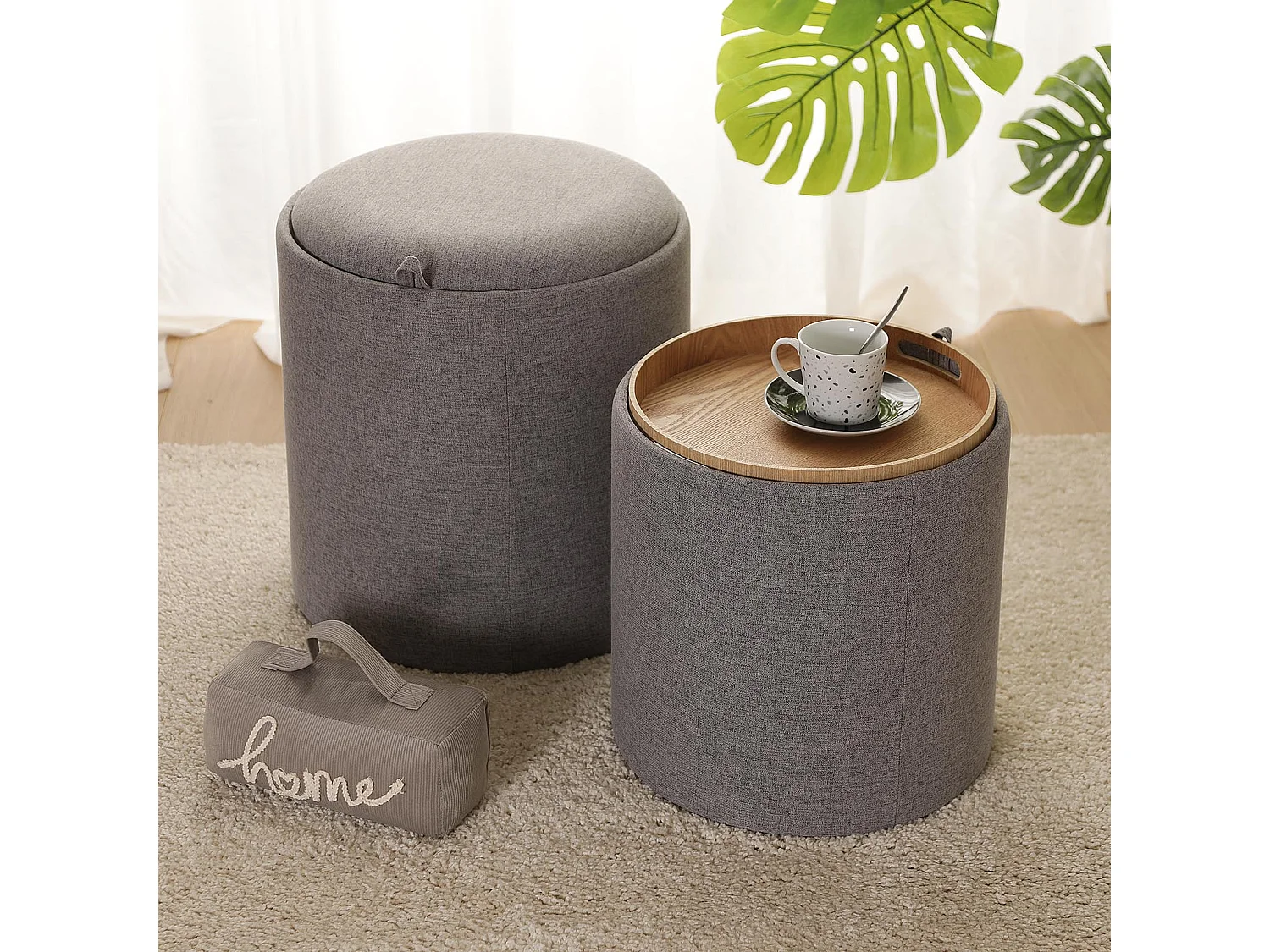 Tabouret pouf Bangalore, 44 x 39 x 39 cm, Coton, Gris foncé
